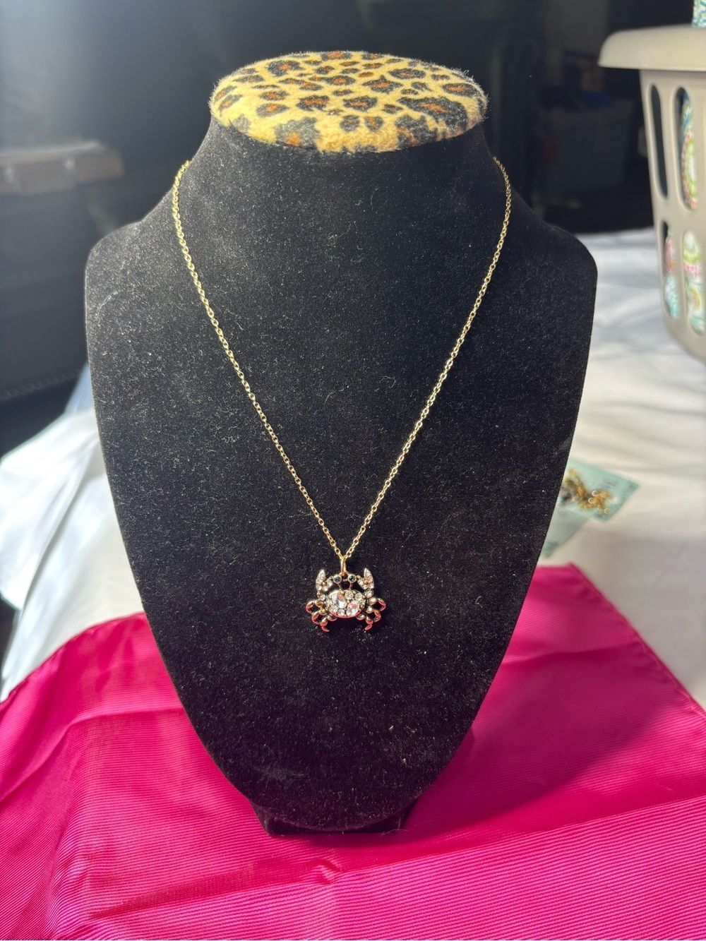 New Gold-tone Crab Pendant Necklace with Clear and Red Crystals